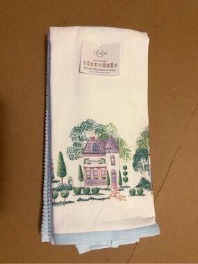Lenox White Kitchen Towels with Pastel Village Motif